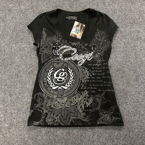 COOGI Tops - Coogi Shirt Womens Large Black V Neck Graphic Foil Script Butterfly Embellished